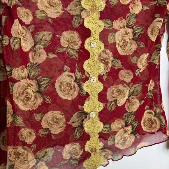 Vintage Floral Sheer lace trim Button-Up Blouse top - Picture 3 of 6